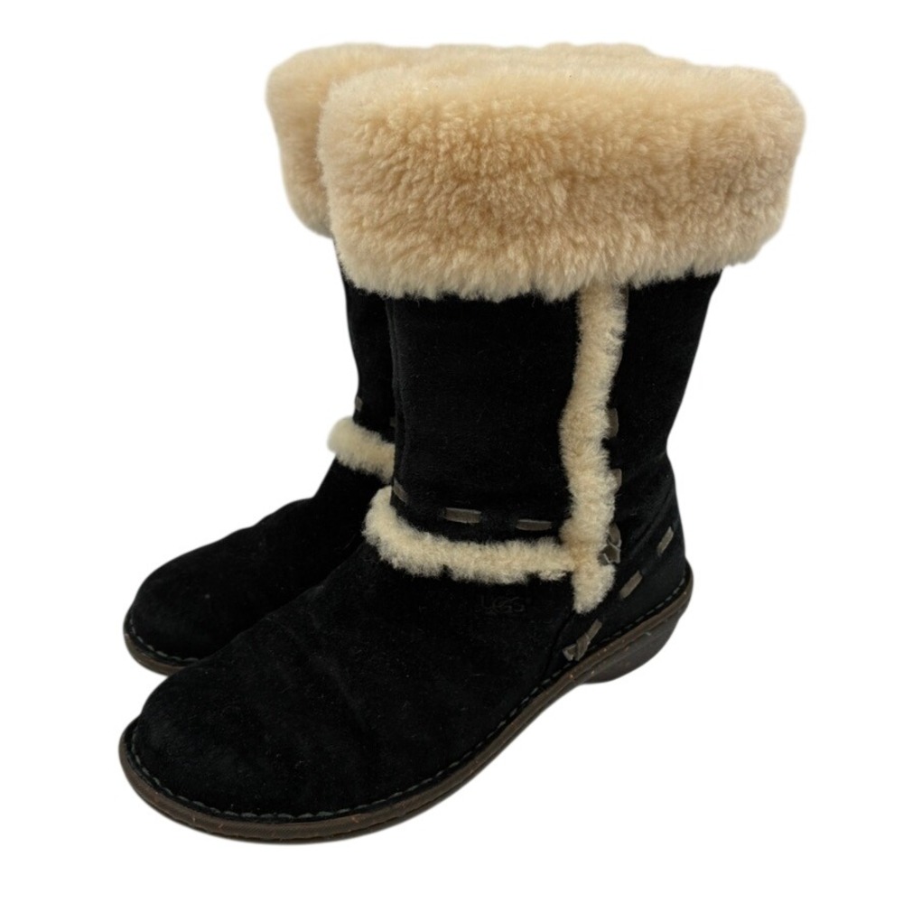 UGG Sunburst Tall Black Suede Sheepskin Boots 5674 Womens 8 10.5"Tall Cozy Warm